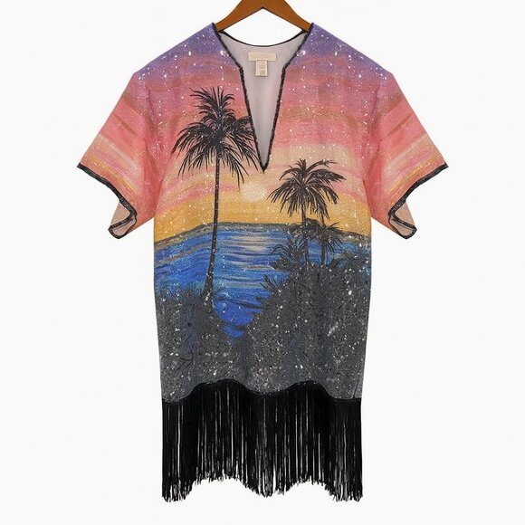 H&M Studio Palm Tree Sunrise sequin shiny fringe Chloe Ibiza dress XS/S - Picture 1 of 14